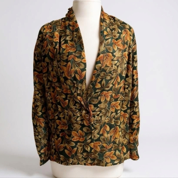 Vintage Quo Silk Leaf Print Blouse Jacket L | Fall Grandpa Fit - Picture 1 of 13